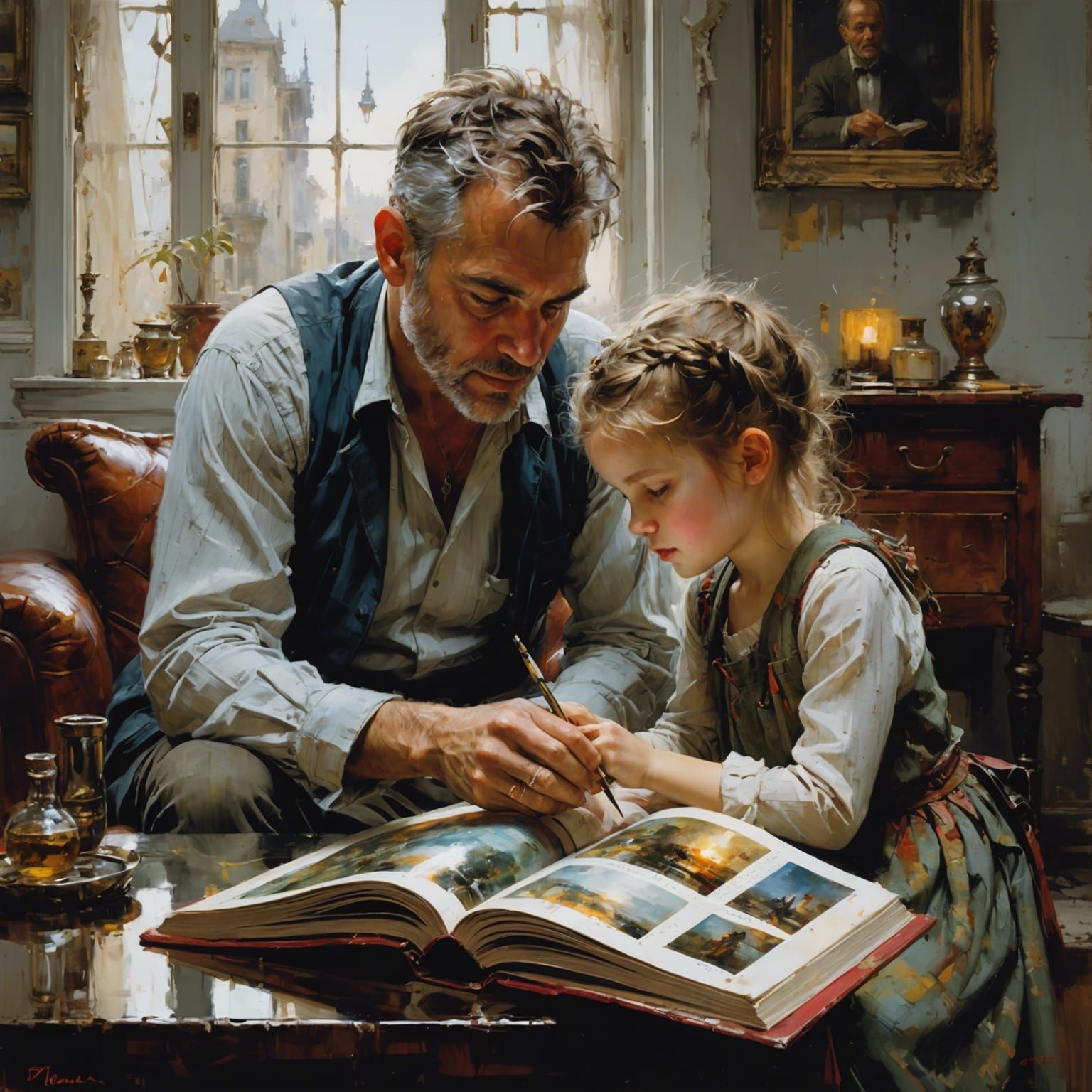 Father showing girl the world