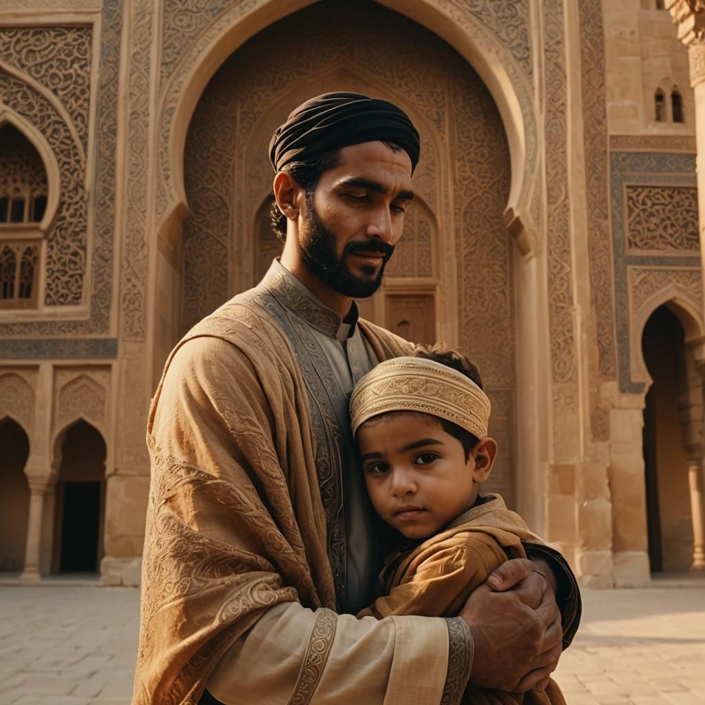 Compassionate Muslim Man Cradling Child: Cinematic Still
