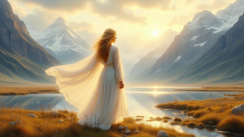 Heroic Woman in Mountain Landscape as Digital Art