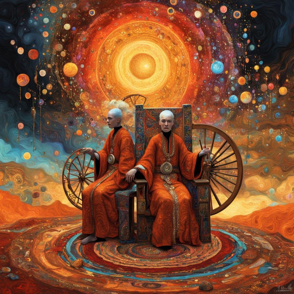 Ancient Weavers Crafting Clouds in a Surreal Sunset