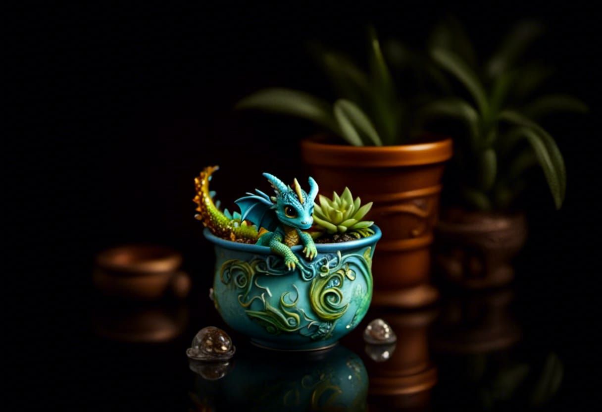 Sparkling Blue Dragon in Teacup with Plants