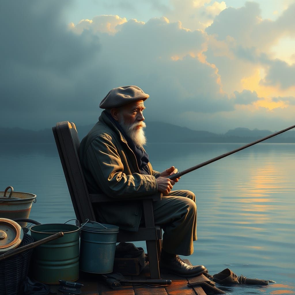 Old Fisherman's Solitary Joy by Lake in Hyperrealistic Style