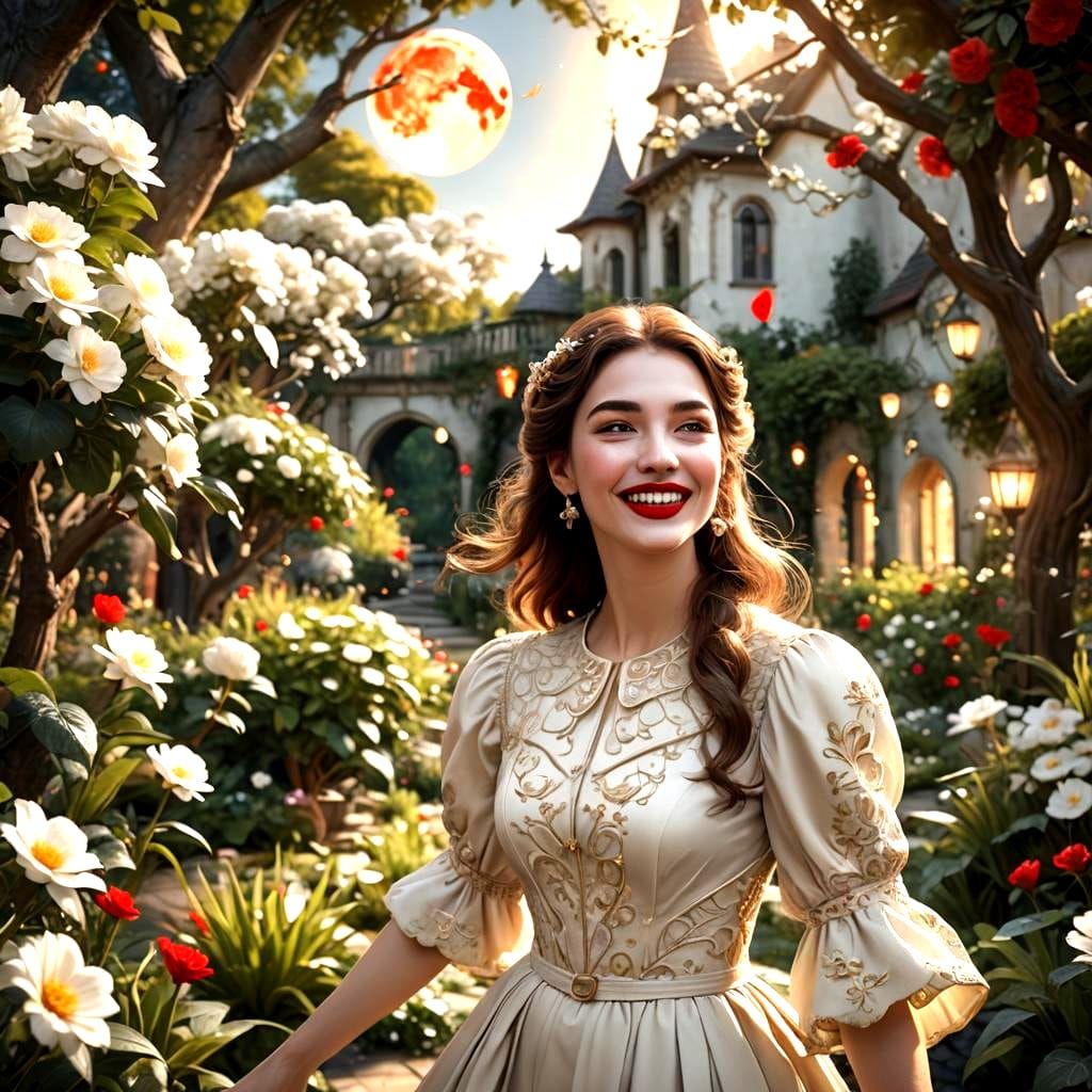 Beautiful Girl in Garden with Flowers, Detailed Digital Pain...