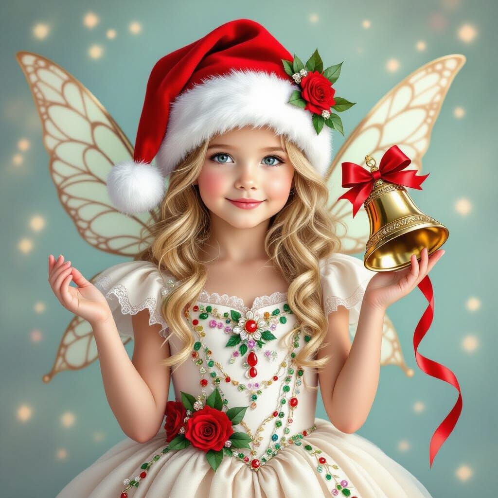 Girl in Santa Hat Holds Golden Bell with Fairy Wings