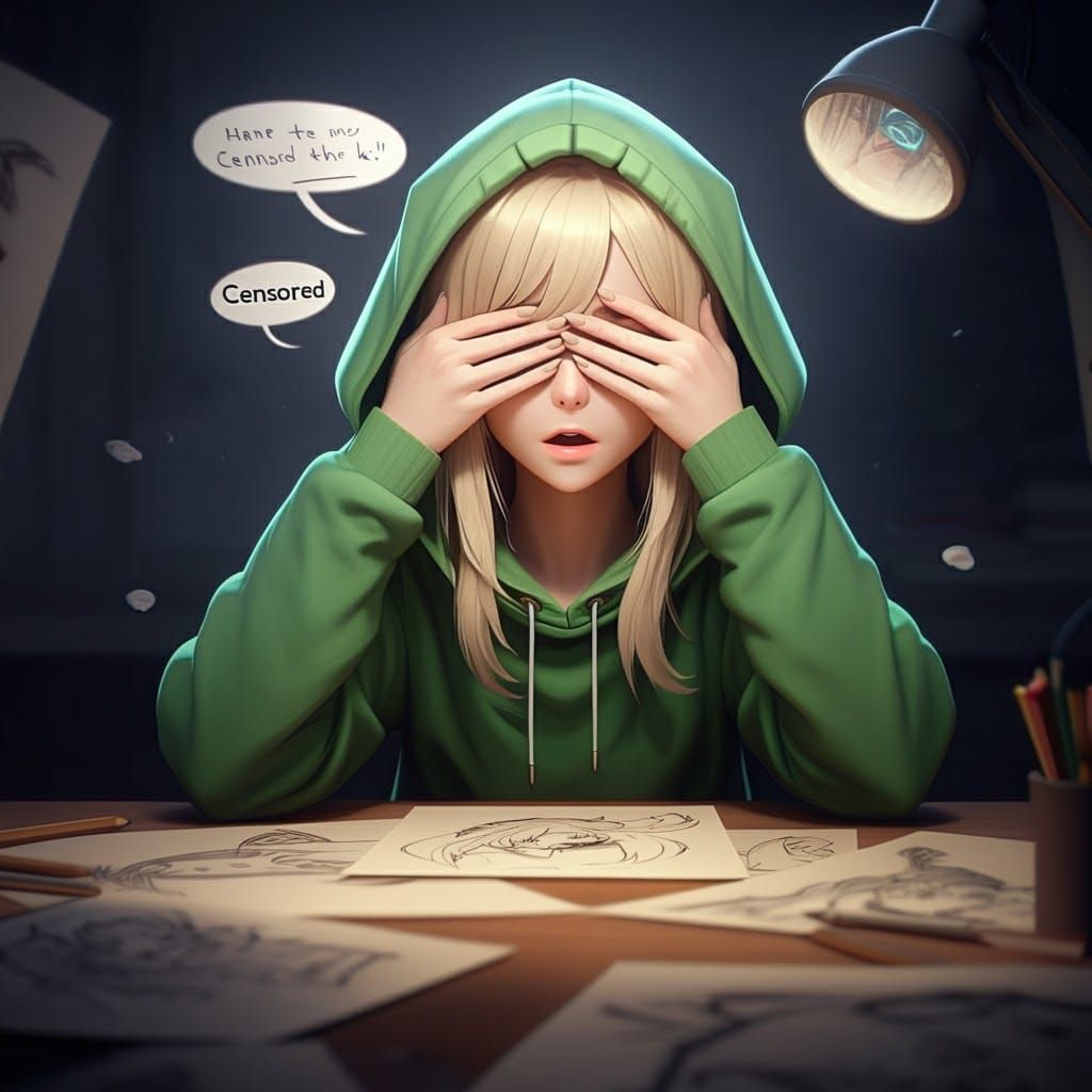 Frustrated Artist in 3D Anime Style