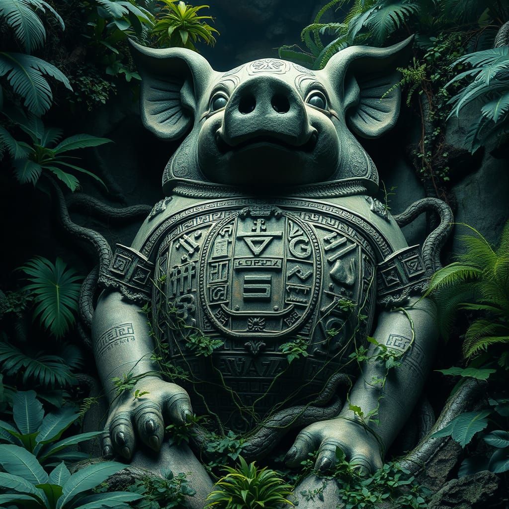 Stone Pig God Statue in Jungle, Mystical Art