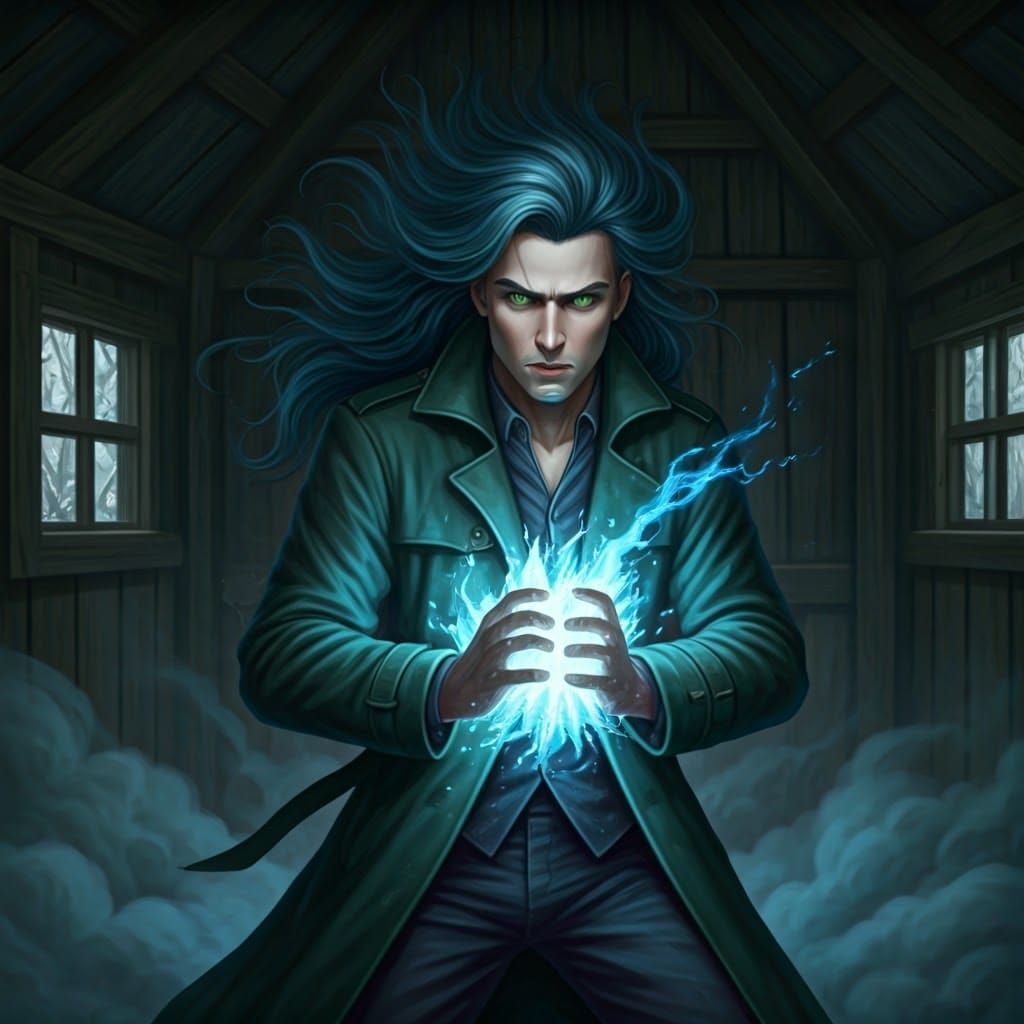 Windblown Man Battles Black Fog with Blue Energy