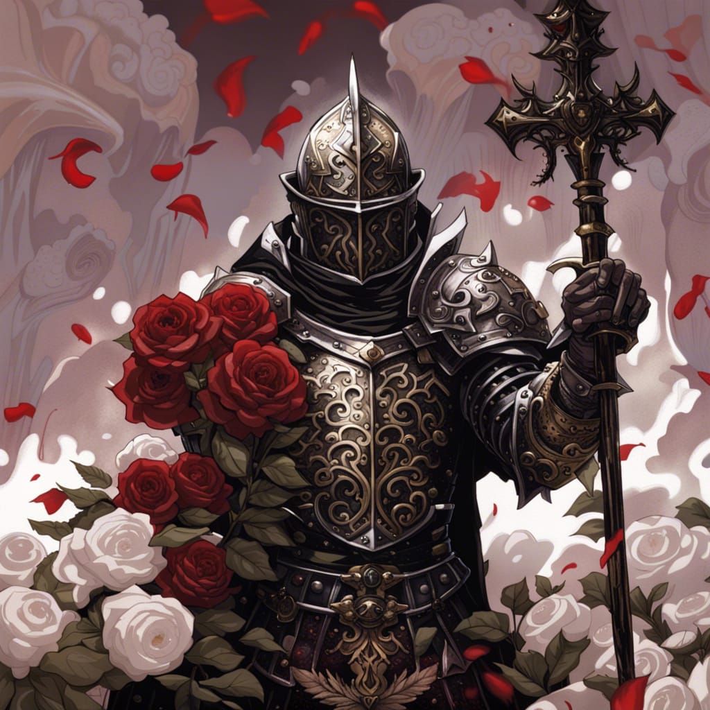Grimdark Paladin in Gothic Armor on Bed of Roses