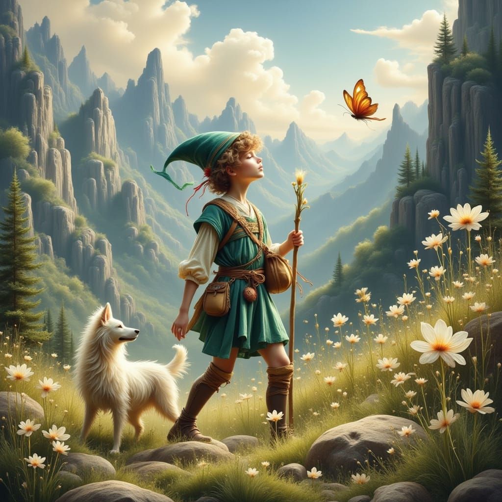 Boy and Dog in Mountain Landscape, Whimsical Art