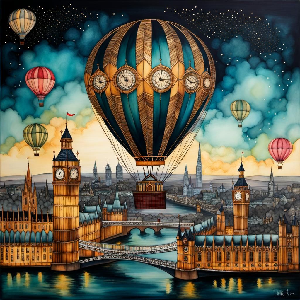 London Hot Air Balloon in Whimsical Steampunk Style