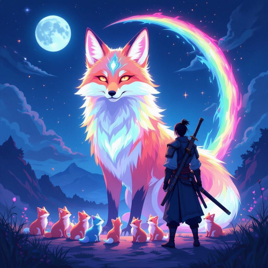Warrior Beside Luminous Fox with Baby Foxes