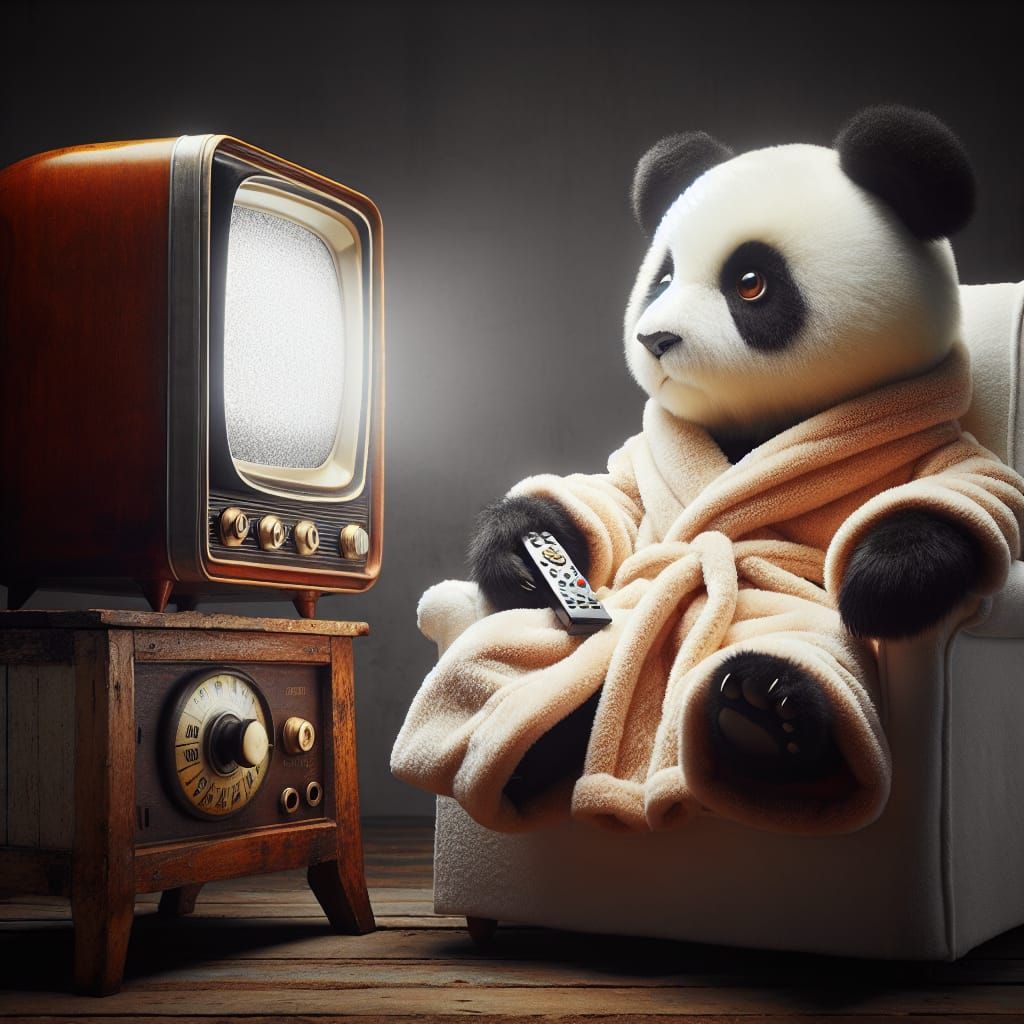 Panda in Plush Bathrobe Watching Vintage TV