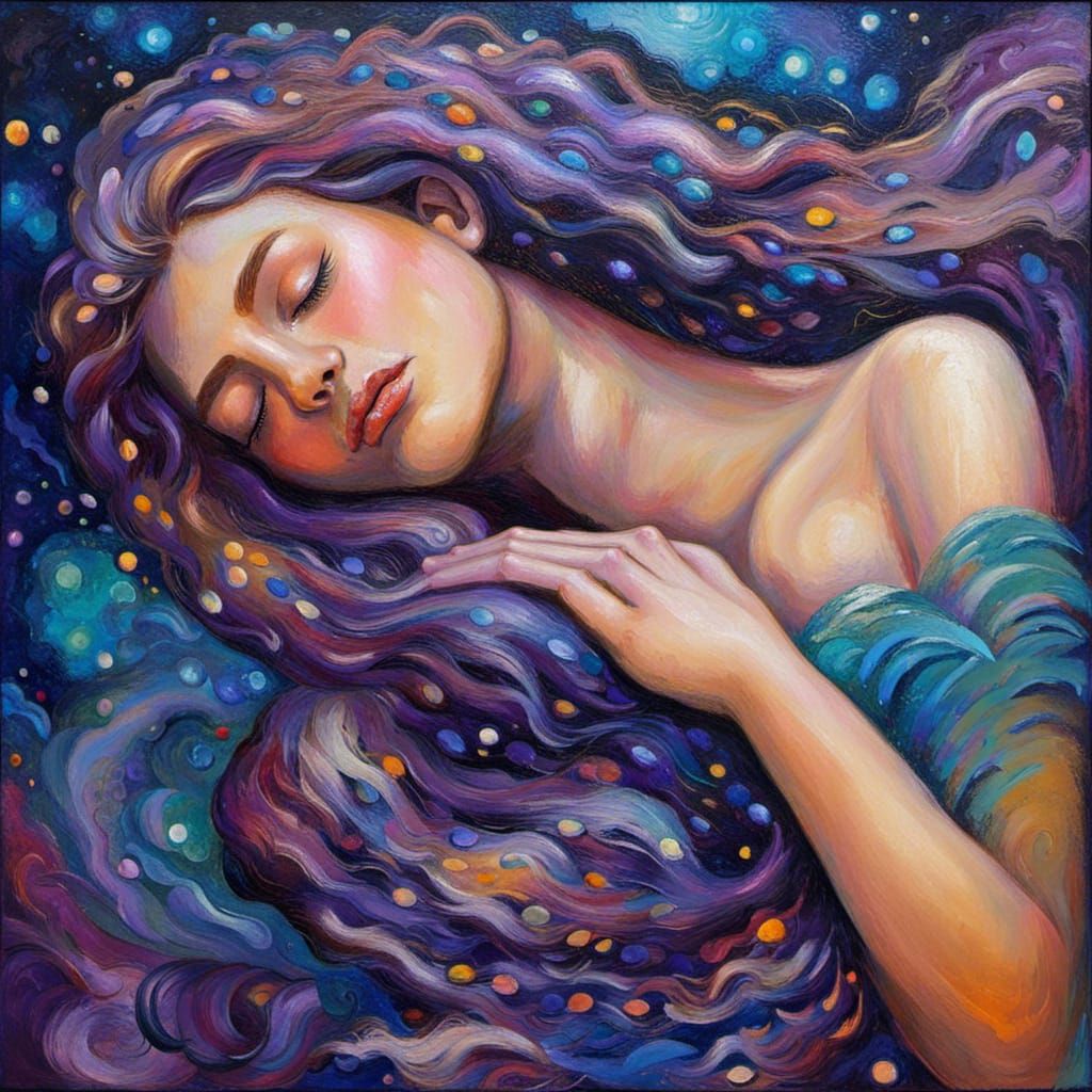 Cosmic Mermaid Sleeping in Space: Expressionist Oil Painting