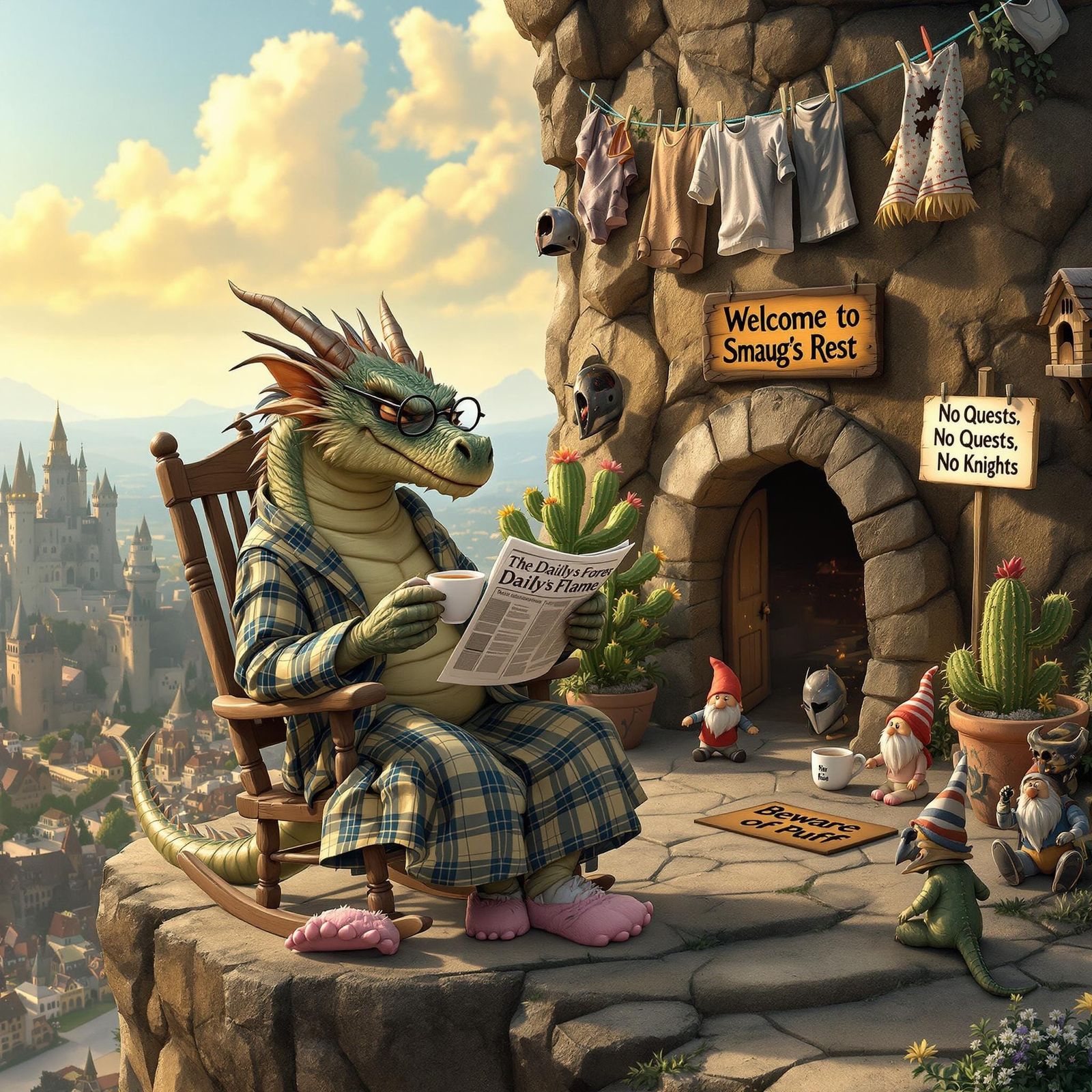 Retired Dragon Sipping Tea in Fuzzy Slippers