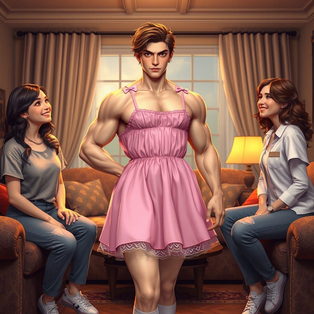 Strong Young Man Strikes a Pose in Pastel Pink Babydoll Dres...