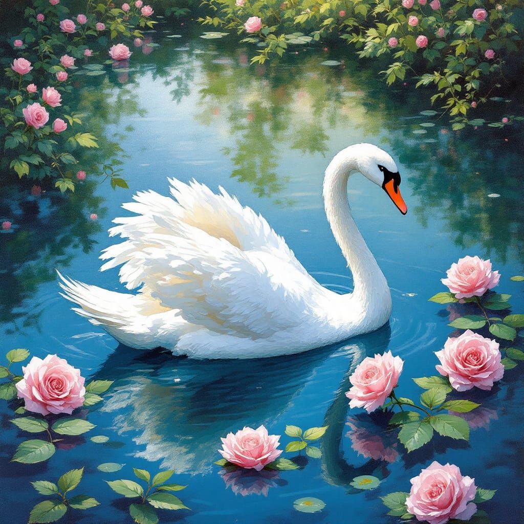 White Swan with Pink Roses on Blue Lake