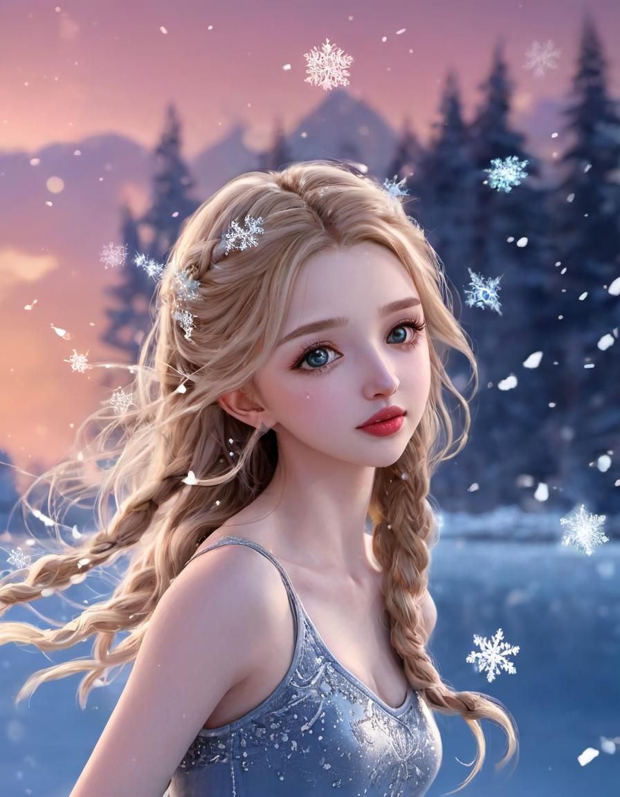 Anime Ballet Dancer on Frozen Lake at Twilight