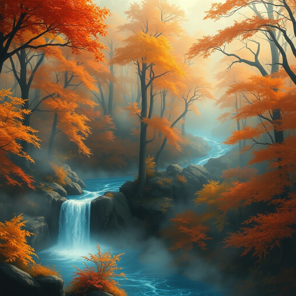Autumn Forest in Mystical Hues with Serpentine Waterfall