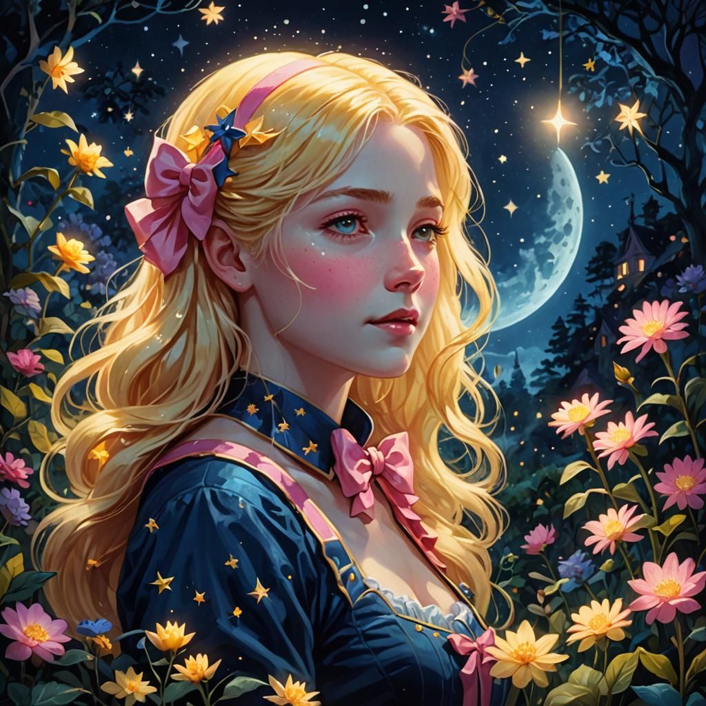 Moonlight Gardener Nurturing Stars: Fantasy Illustration