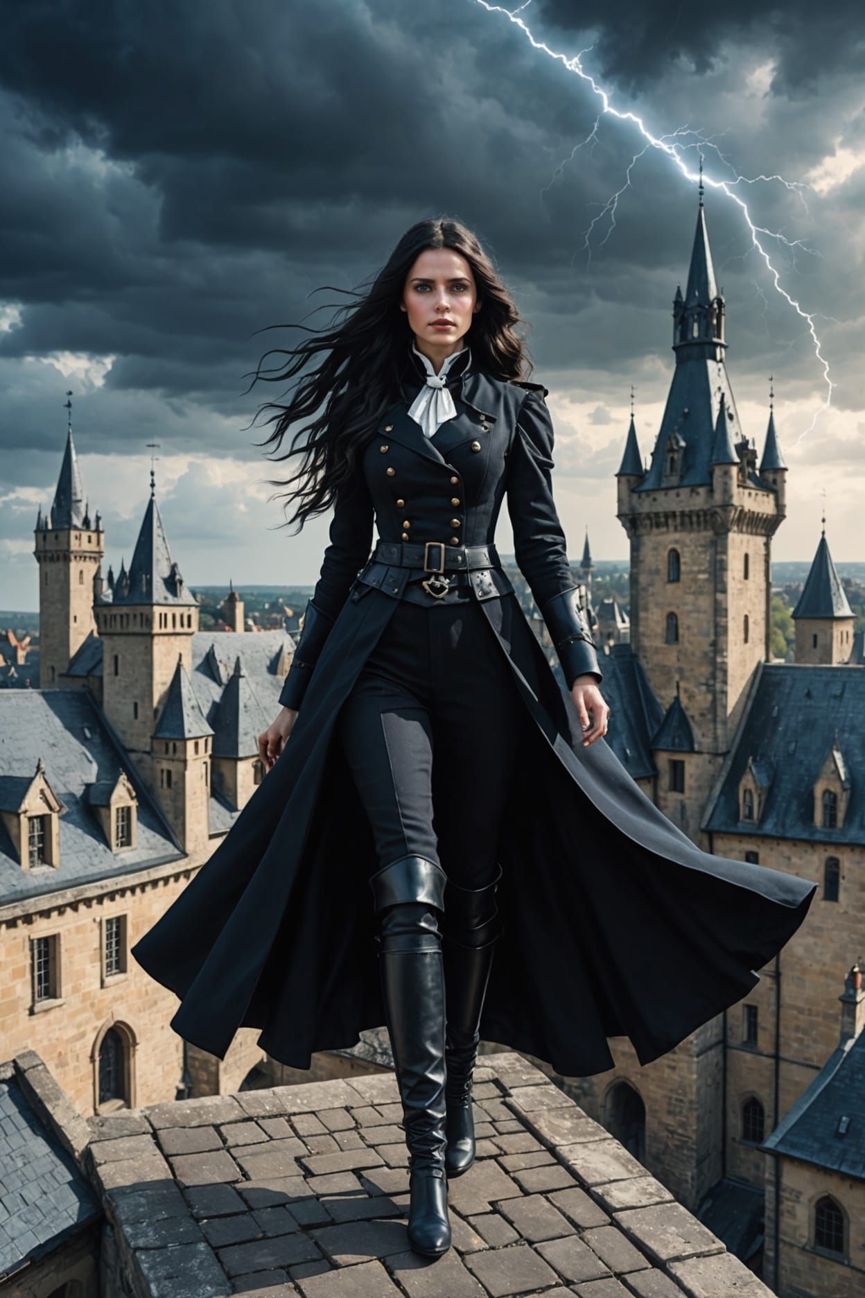 Woman on Gothic Castle Roof with Magic Effects