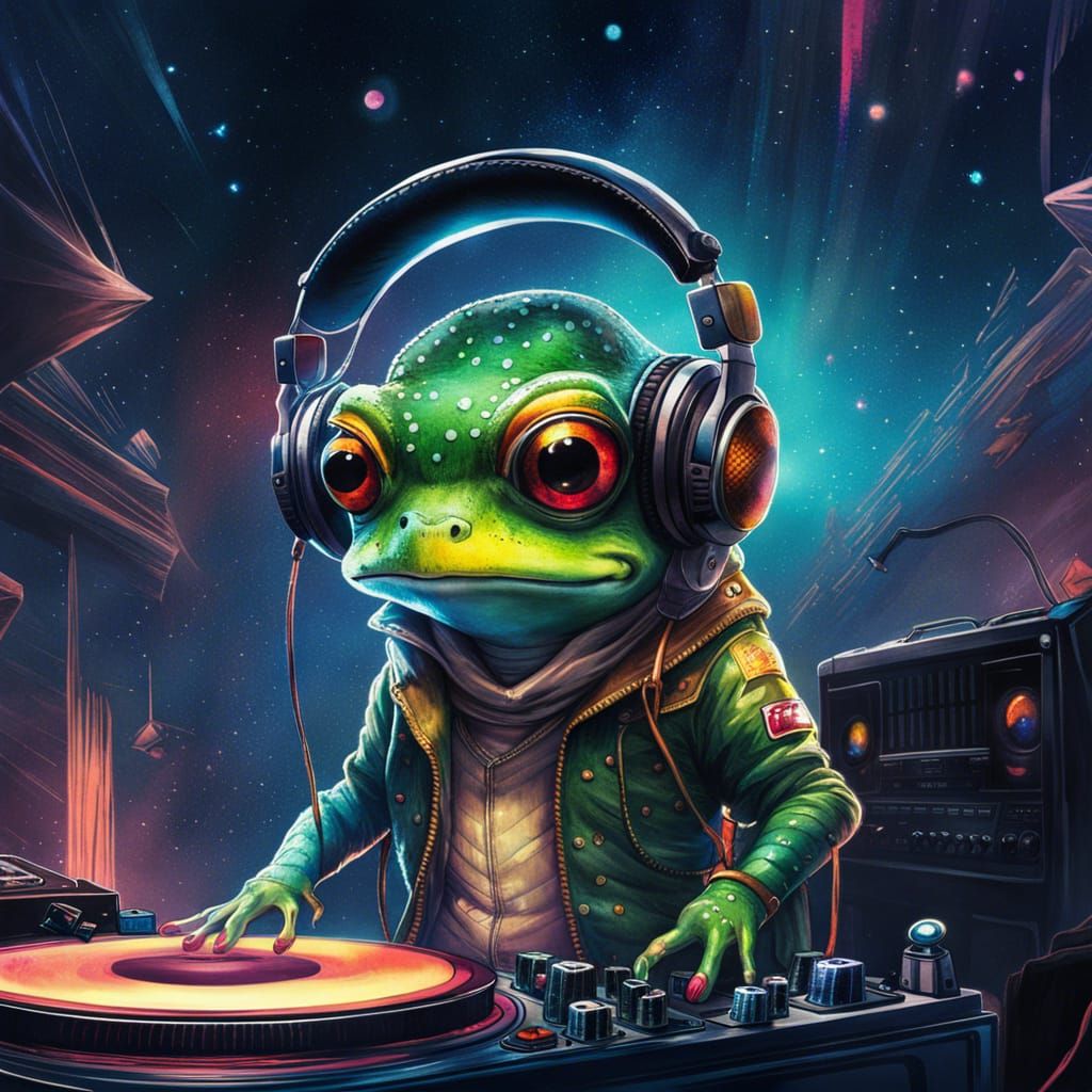 Anime Frog DJ in Space Watercolor Portrait