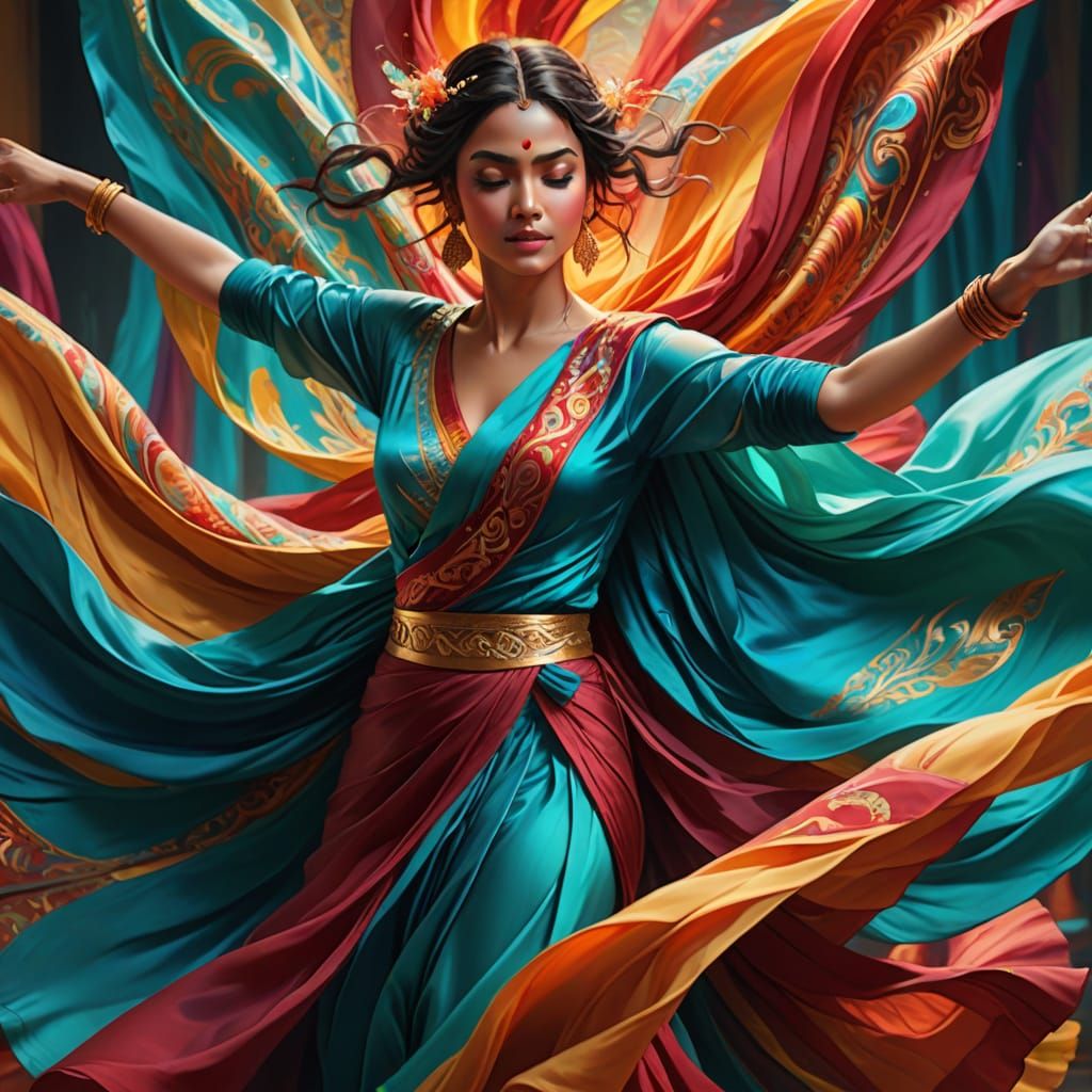 Vibrant Concept Art of Maya Dancing in a Whirlwind of Colorf...