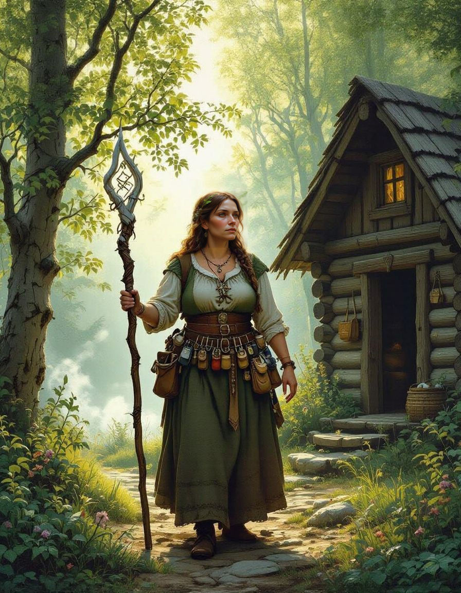 Fantasy Herbalist Woman Standing By Forest Hut