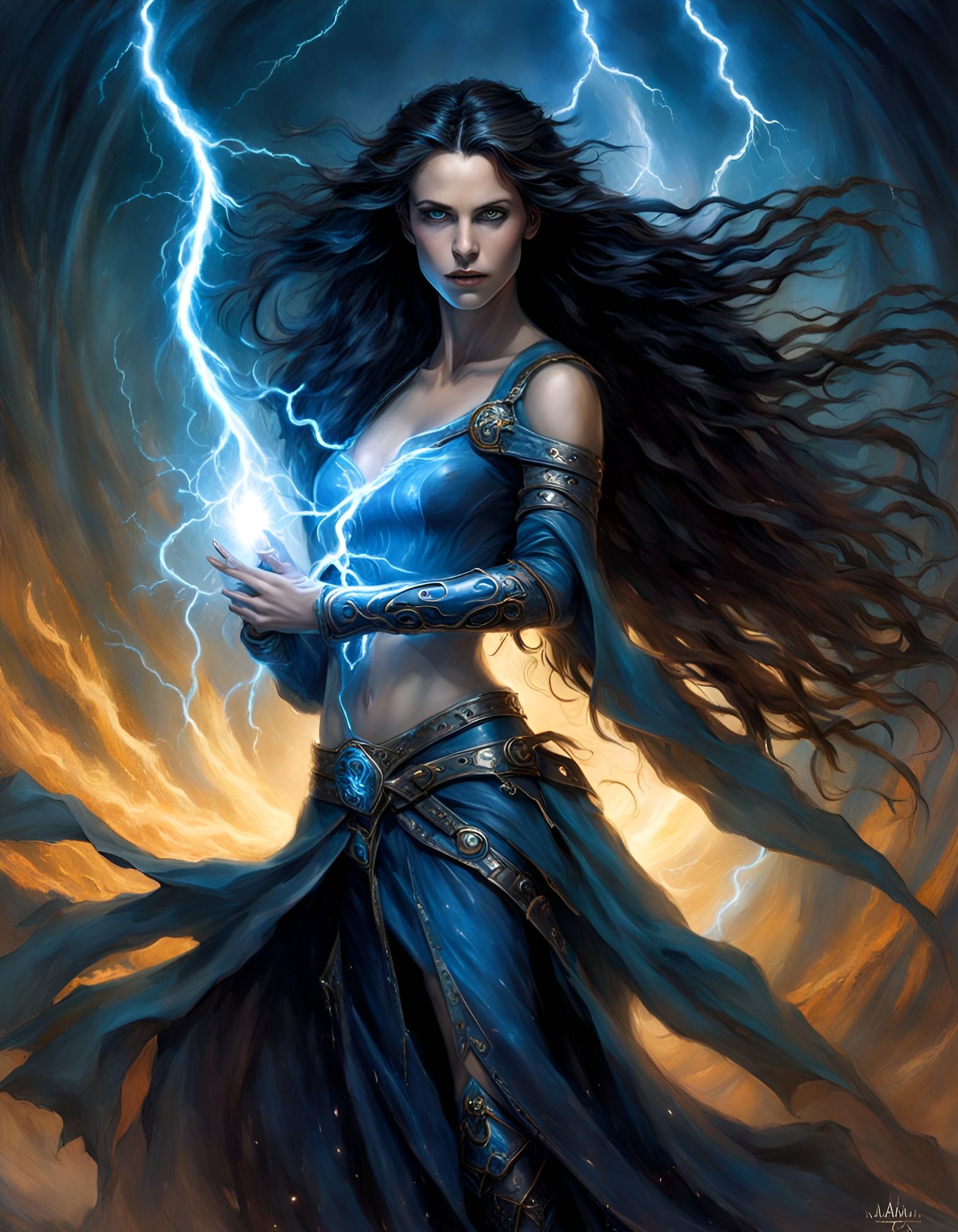 Beautiful Sorceress with Electrical Energy in Art Nouveau St...