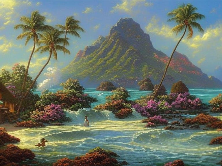 Ethereal Tahiti Beach Painting in Kinkade Style