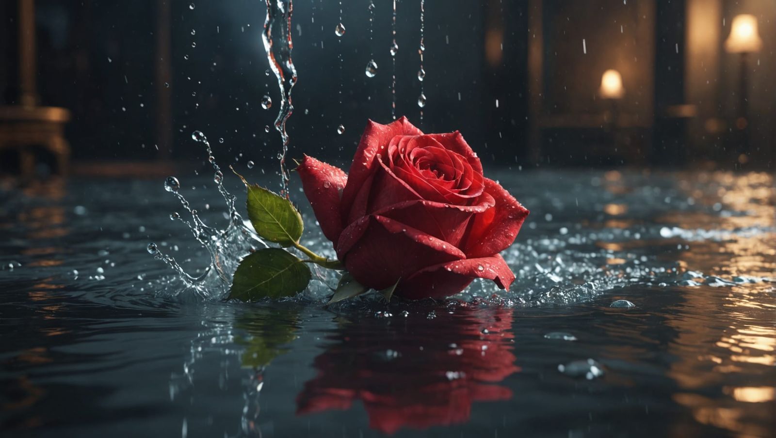 Red Rose with Splashing Water, Hyperdetailed Portrait