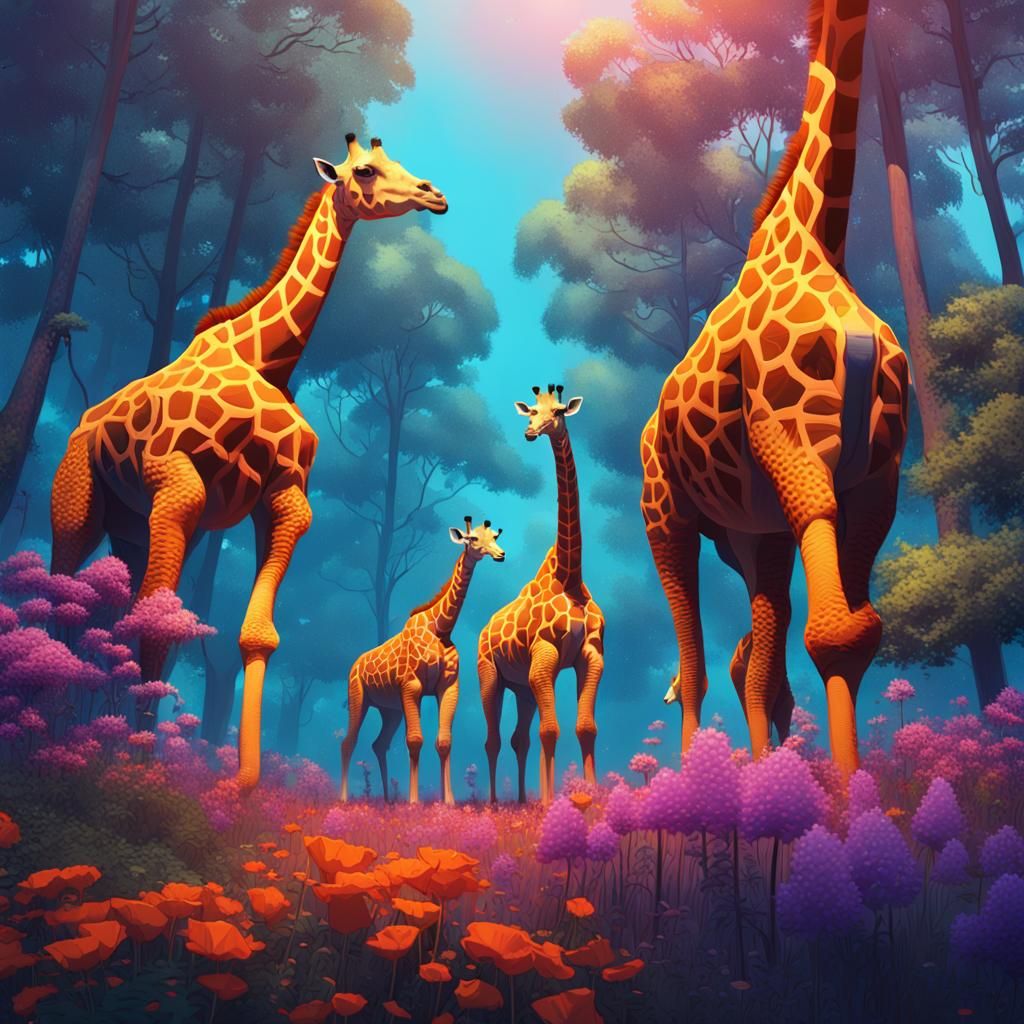Giraffes in a Vibrant Forest, Digital Matte Painting