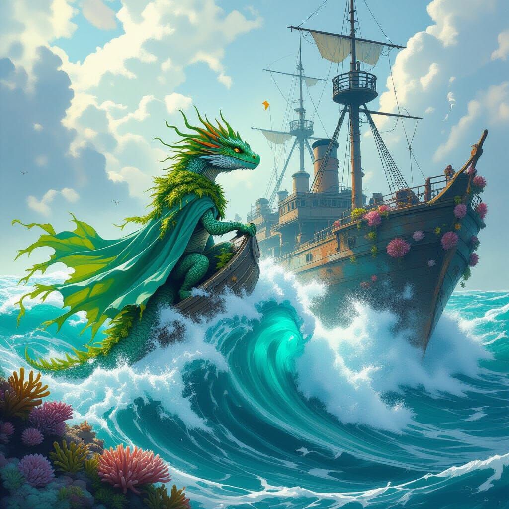 Water Dragon Surfing Wave with Ruined Warship
