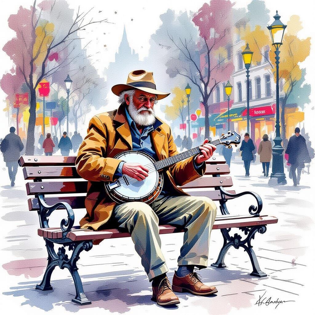 Old Explorer Plays Banjo in Bustling City Square