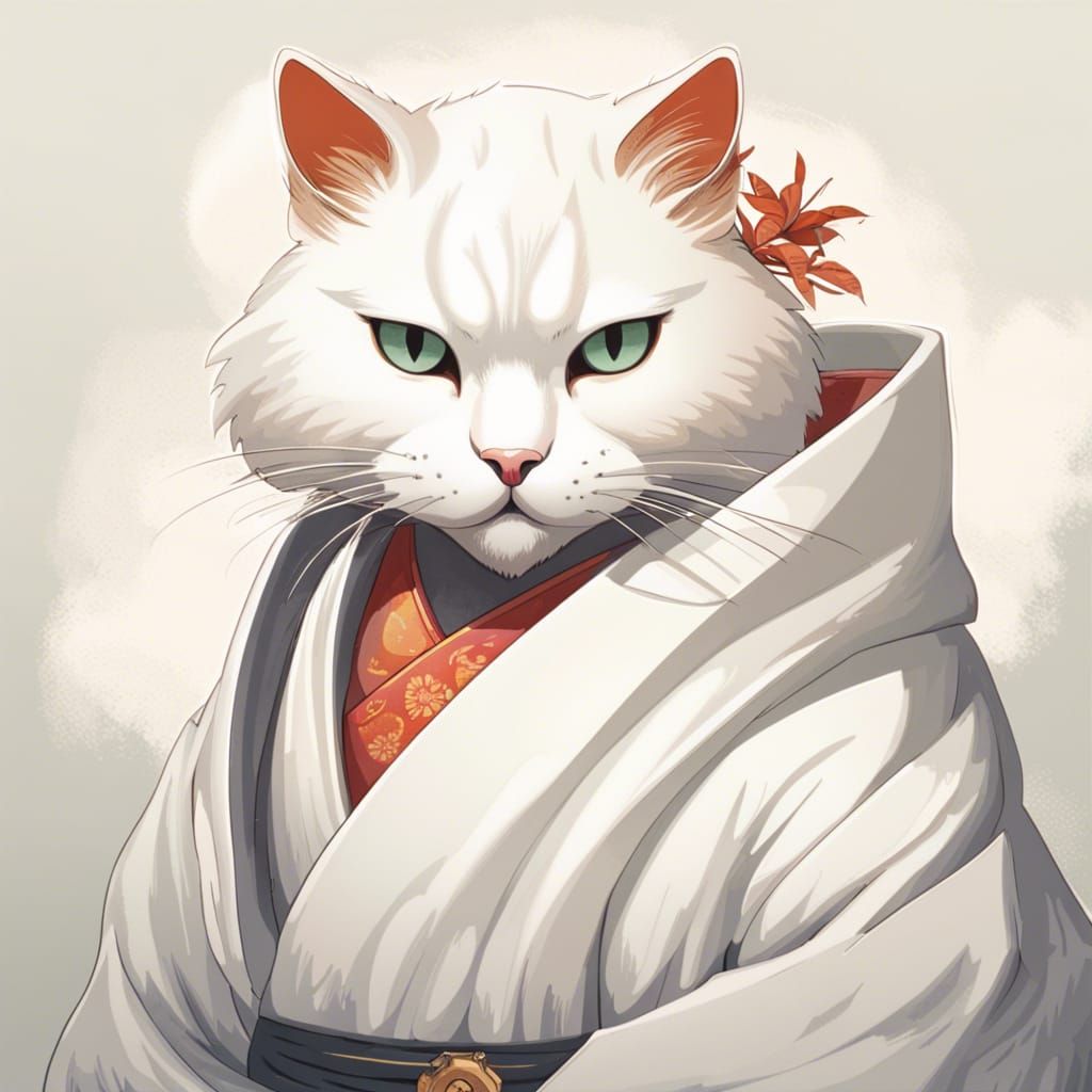 Ukiyo-e Style Portrait of a Fluffy White Cat
