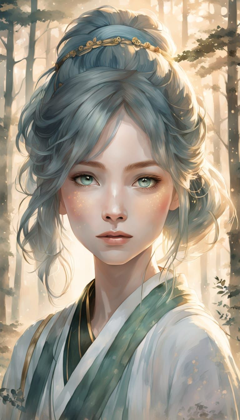 Serene Forest Maiden in Watercolor