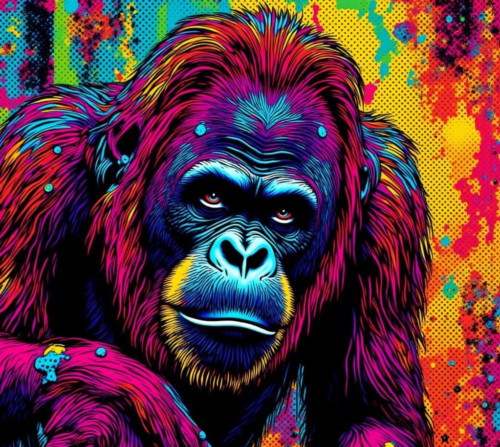 Pop Art Orangutan at Exhibition in Neon Style