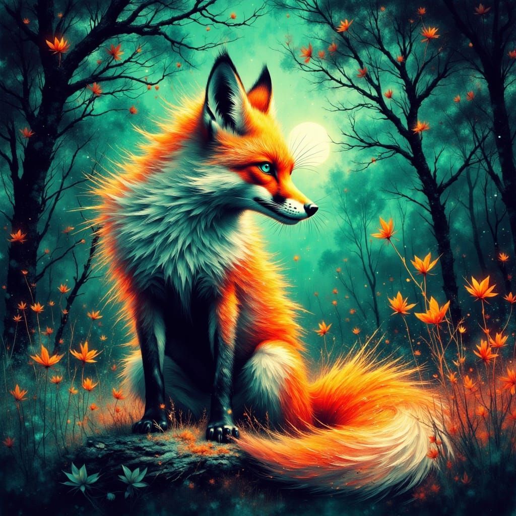 Gothic Fox Silhouette in Watercolor Gouache Style