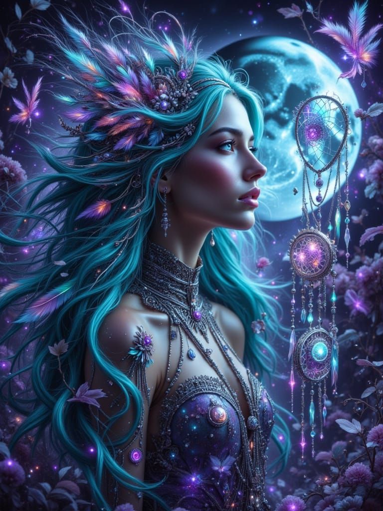 Surreal Woman in Alien Forest with Dreamcatchers