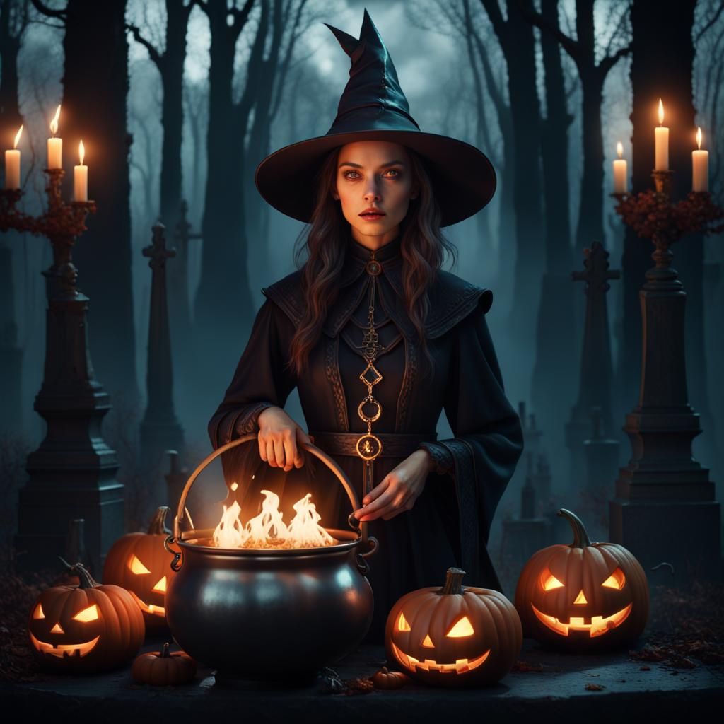 Halloween Witch in Graveyard: Detailed Matte Painting