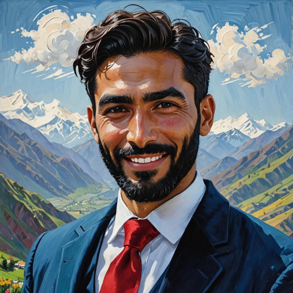Cheerful Man in Blue Suit, Impasto Oil Painting