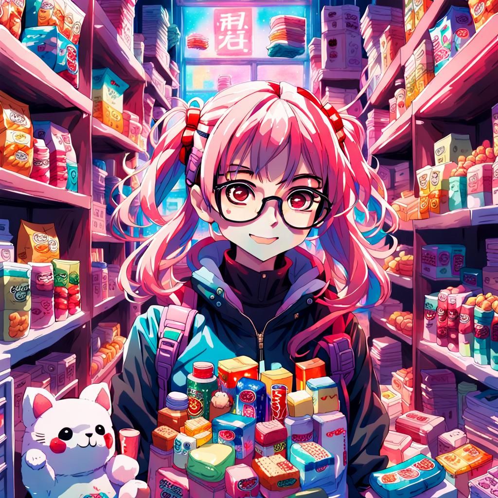 Happy Anime Girl in Kawaii Merchandise Shop as Watercolor Ar...