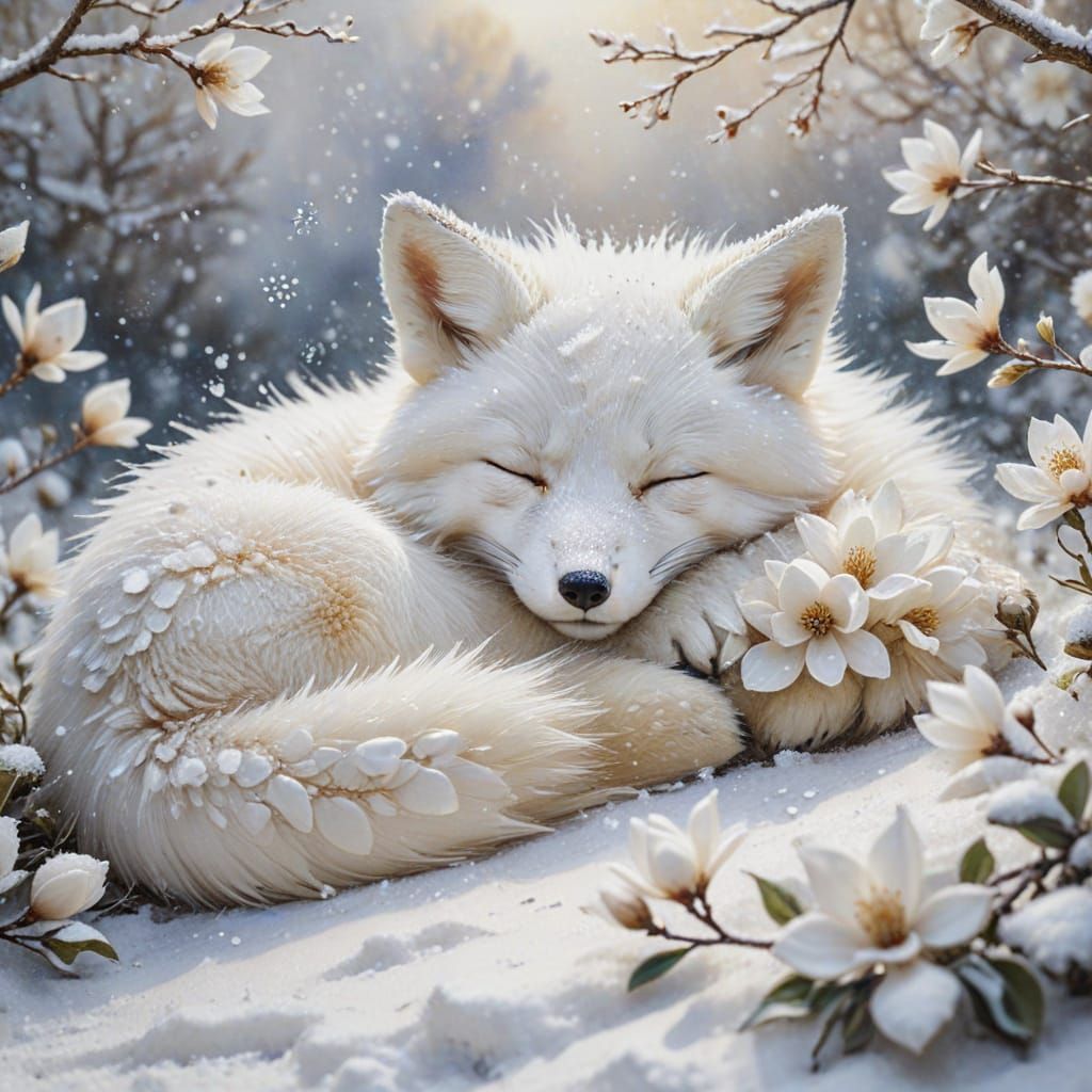 Impressionist Fox Cub Sleeping in Snow