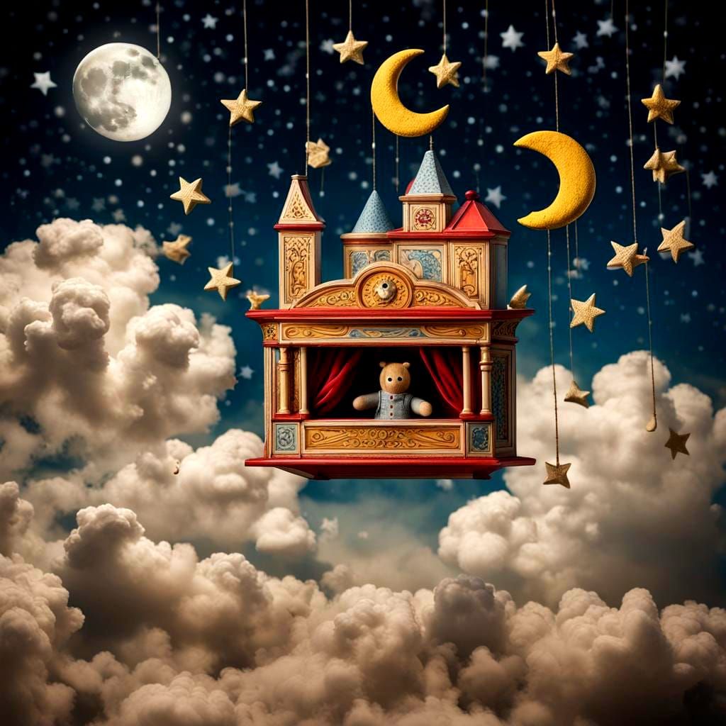 Surreal Toy Theater Flying Through Starry Sky