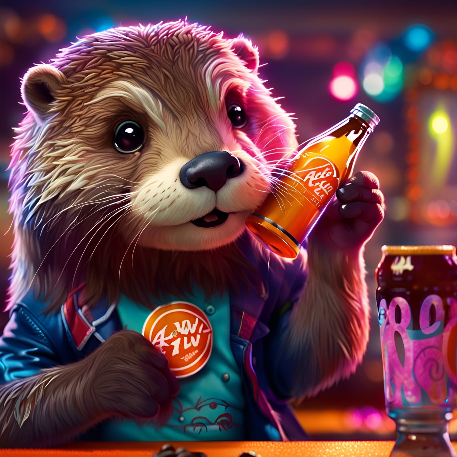 Otter drinking a glass bottle of A&W root beer brand at a pa...