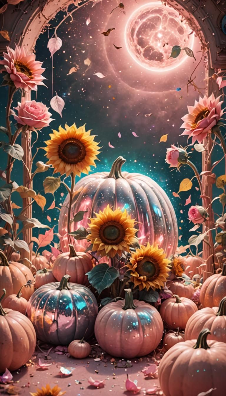 Mystical Garden: Pink Pumpkins, Roses, and Sunflowers