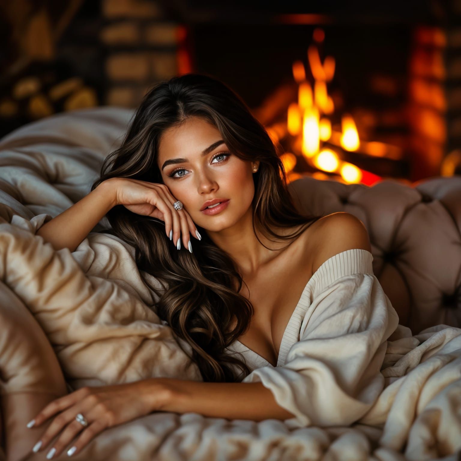 Beautiful Young Woman Relaxing by Fireplace