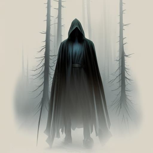 Hooded Figure in Dark Fantasy Forest