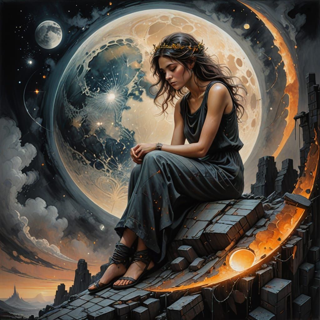 Pixie on Crescent Moon with Ink Splatters