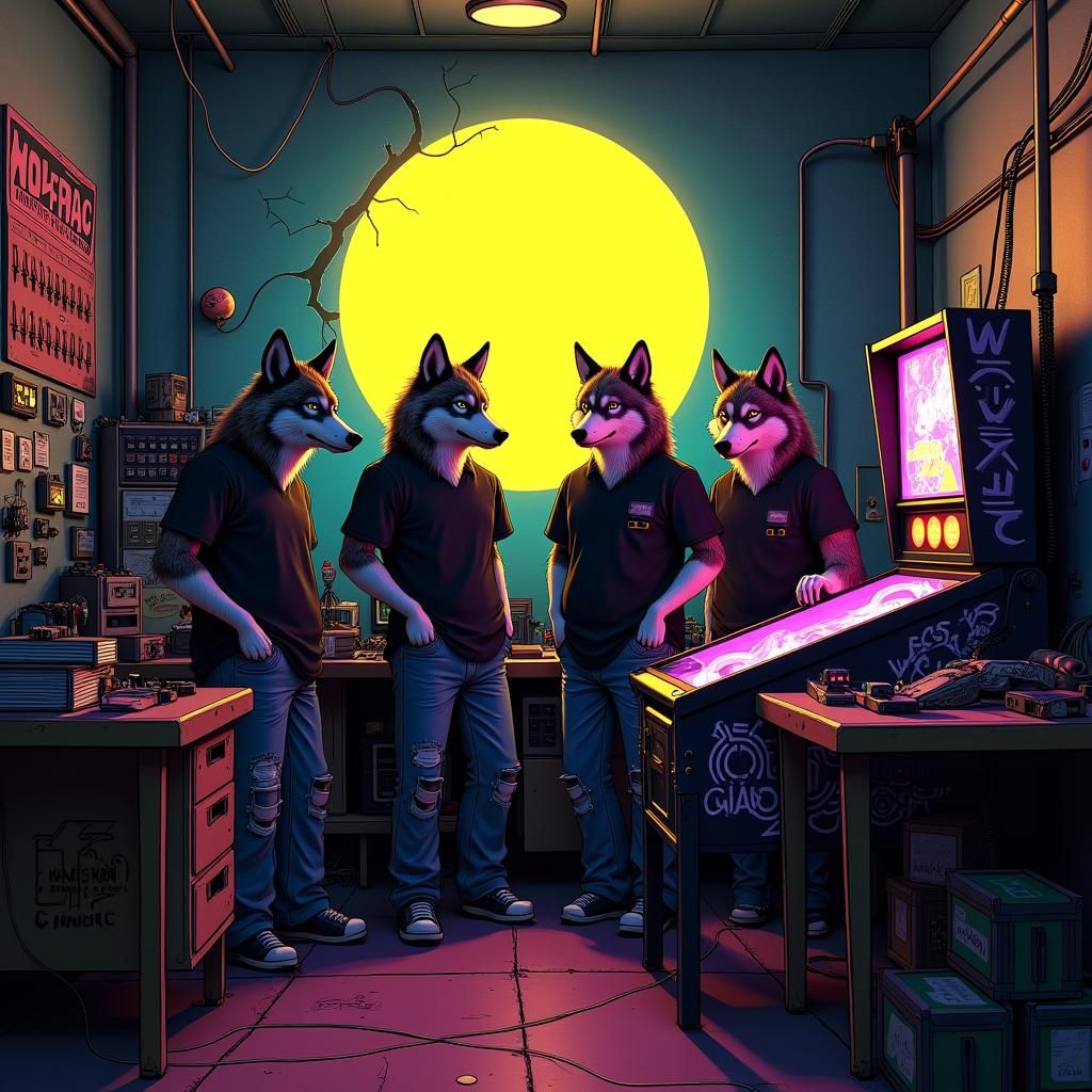 Neon Wolves Play Pinball in Cyberpunk Lab