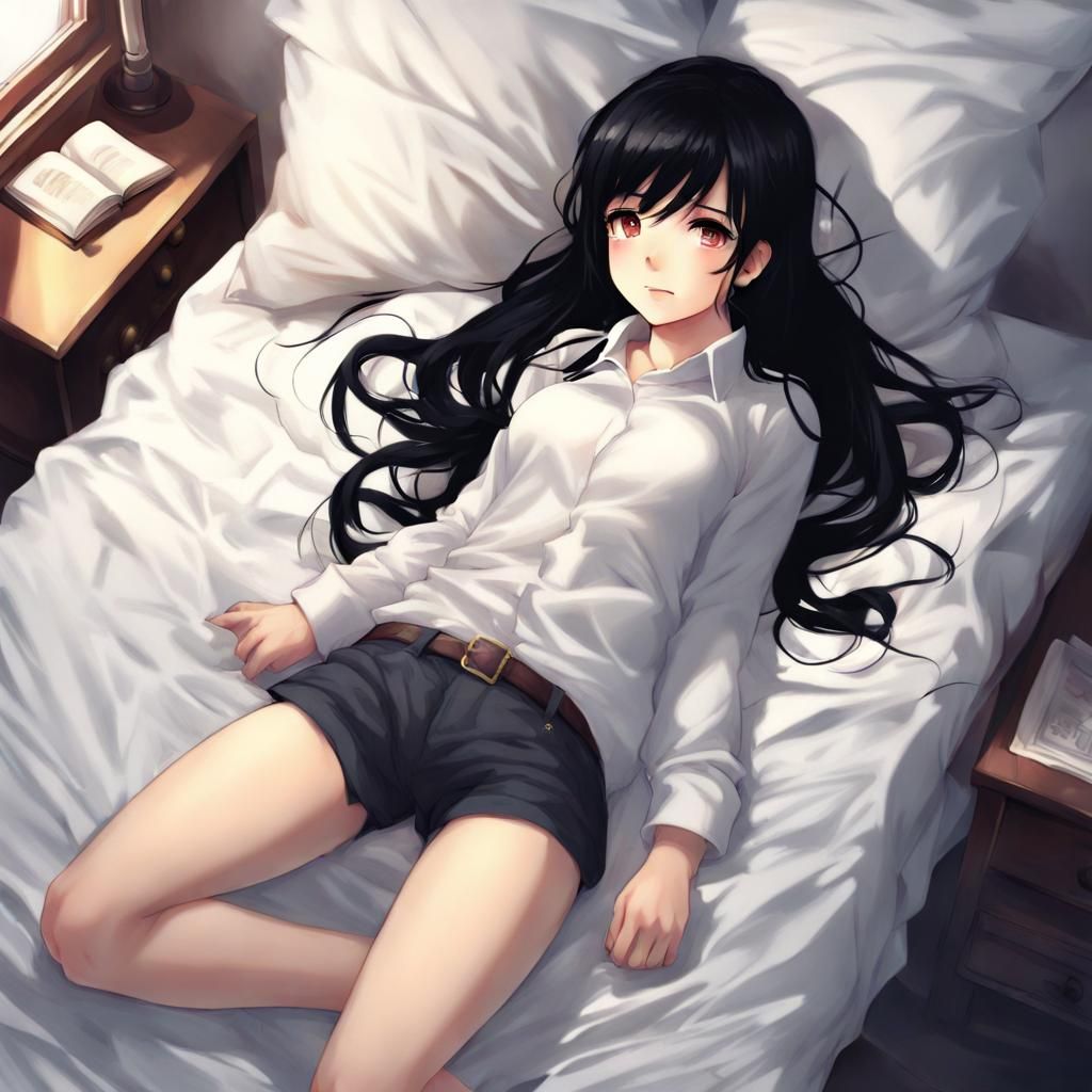 Anime Style Girl Relaxing on Bed, Above View